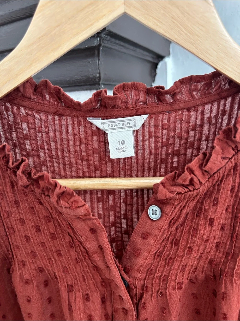 J. Crew Point Sur Swiss Dot Ruffle Collar Rust Long-Sleeve Top Size 10